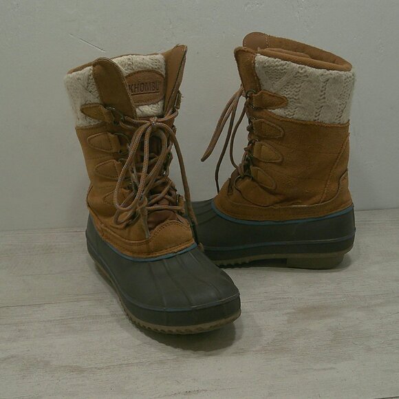 Khombu Cozy Top Sweater Knit Lined Tan Suede Waterproof Winter Snow Boots Size 7 - Picture 1 of 15